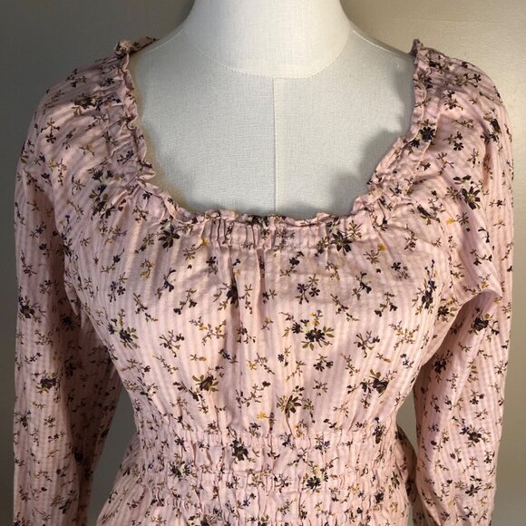 Madewell Pink Floral Smocked Peplum 100% Cotton Long Sleeve Blouse Size M - Picture 3 of 10